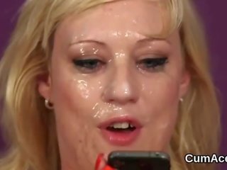 Frisky doll gets cumshot on her face eating all the semen