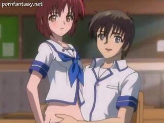 Tied up anime cutie tasting cock