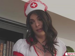 Tattooed Nurse shemale Chelsea Marie missionary anal sex